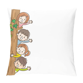 Personality  Portrait Of Happy Kids While Hiding Behind Tree Trunk Pillow Covers