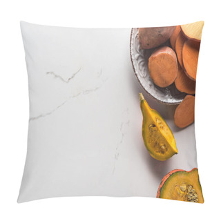Personality  Top View Of Plate With Sweet Potato Slices Near Pumpkin Pieces On Marble Surface Pillow Covers