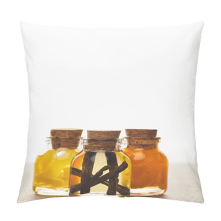 Personality  Glass Bottles Of Essential Oil With Cut Fruits On White Background Pillow Covers