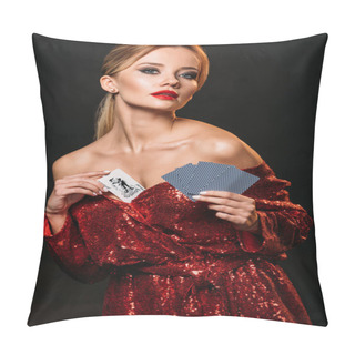 Personality  Attractive Girl In Red Shiny Dress Hiding Joker Card In Dress Isolated On Black, Looking At Camera Pillow Covers