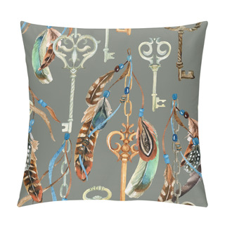 Personality  Vintage Key With Feathers And Ribbons In The Style Of Boho Pillow Covers