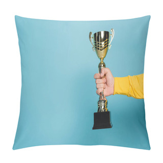 Personality  Cropped View Of Man Holding Golden Trophy On Blue Pillow Covers