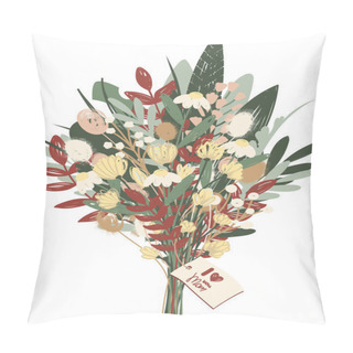 Personality  Illustration Of Bouquet With Flowers And I Love You Mom Card On White  Pillow Covers