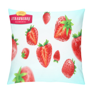 Personality  Strawberry Set, Detailed Realistic Ripe Fresh Strawberries With Half And Quarter Of Berry And Green Leaves With Water Droplets Isolated On A Blue Background. 3d Vector Illustration Pillow Covers