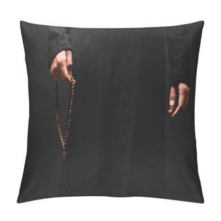 Personality  Partial View Of Priest Holding Rosary Beads In Hand Isolated On Black  Pillow Covers