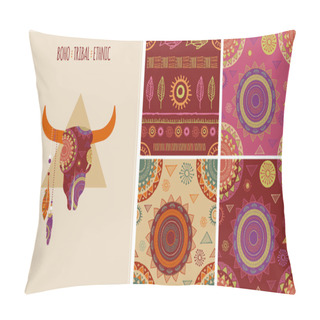 Personality  Bohemian, Tribal, Ethnic Background With Bull Skull And Patterns Pillow Covers