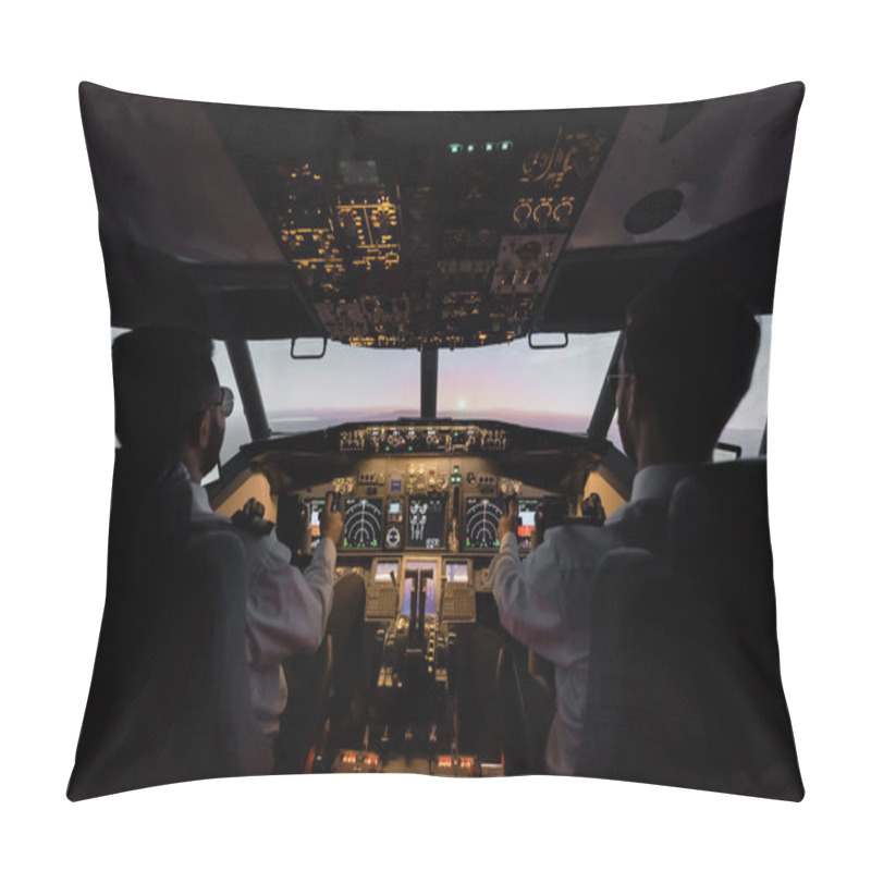 Personality  back view of professionals piloting modern airplane pillow covers