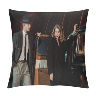 Personality  Handsome Man In Hat Opening Car Door Near Attractive Woman  Pillow Covers