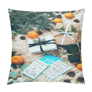 Personality  Flat Lay With Pine Tree Branches, Winter Postcards And Wrapped Christmas Presents On Woolen Backdrop Pillow Covers