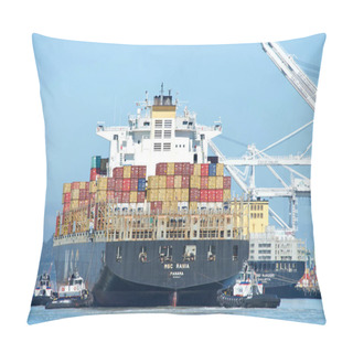 Personality  Oakland, CA - August 7, 2020: Cargo Ship MSC RANIA Entering The Port Of Oakland, The Fifth Busiest Port In The United States. Pillow Covers