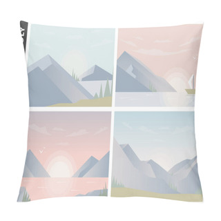 Personality  Abstract Image Of A Sunset Or Dawn Sun Over The Mountains At The Background And River Or Lake At The Foreground. Mountain Landscape. Vector Illustration Pillow Covers