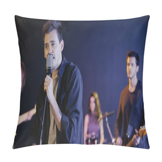 Personality  Young Tattooed Singer Performing Song With Blurred Music Band Pillow Covers
