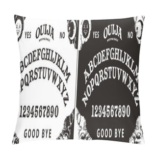 Personality  Graphic Template Inspired By Ouija Board. Black And White Symbols Of Moon ,sun, Texts And Alphabet. Gothic Typography. Ghosts And Demons Calling Game. Pillow Covers
