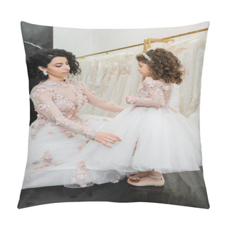 Personality  Charming Middle Eastern Bride With Brunette Wavy Hair In Wedding Dress Adjusting Tulle Skirt Of Daughter In Cute Floral Attire In Bridal Salon, Shopping, Special Moment, Togetherness  Pillow Covers