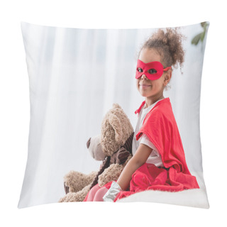 Personality  Adorable Little African American Child In Superhero Costume And Mask With Teddy Bear Smiling At Camera Pillow Covers