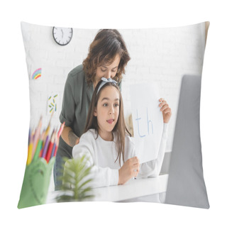Personality  Woman Kissing Daughter Holding Paper With Th Letters During Speech Therapy Video Lesson At Home  Pillow Covers