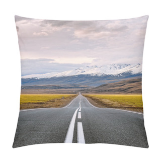 Personality  Inviting Road To The Mountains. Straight Paved Road With White Surface Markings Goes Through The Snow Capped Mountains Of Altai Republic, Russia Just Before The Sunset. Inspirational Travel And Adventure Photography. Pillow Covers