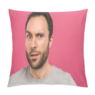 Personality  Portrait Of Confused Man Looking At Camera, Isolated On Pink  Pillow Covers