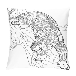 Personality  Angry Jaguar On A Tree Branch Showing Fangs Colorless Line Drawing. Large Leopard Above Trunk Hissing Coloring Book Page. Pillow Covers