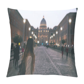 Personality  Young Beautiful Woman Walking In Piazza Di Spagna In Rome, Italy. Girl Goes To Saint Peter Cathedral. Slow Motion. Pillow Covers