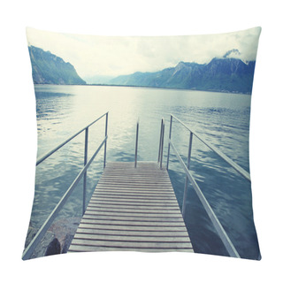 Personality  Old Wooden Pier, Lake Geneva, Montreux, Switzerland. Pillow Covers