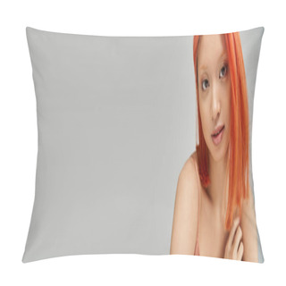 Personality  Portrait Of Young Asian Woman With Perfect Skin Looking At Camera On Grey Background, Banner Pillow Covers