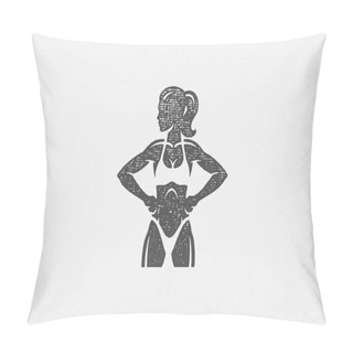 Personality  Muscular Sportswoman In Underwear Silhouette Hand Drawn Stamp Vector Illustration. Pillow Covers
