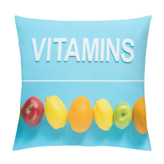 Personality  Top View Of Ripe Fruits And Word Vitamins On Blue Background, Collage Pillow Covers