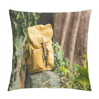 Personality  Close-up Shot Of Vintage Yellow Backpack On Rock In Jungle Pillow Covers