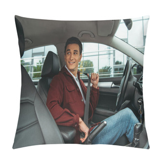 Personality  Smiling Man Holding Safety Belt In Car And Looking Away Pillow Covers