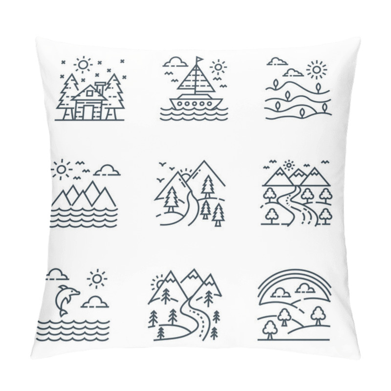 Personality  nature and landscape line icons. linear set. quality vector line set such as rainbow, pathway, dolphin, road, pathway, mountain, field, boat pillow covers