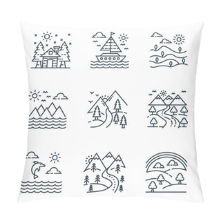 Personality  Nature And Landscape Line Icons. Linear Set. Quality Vector Line Set Such As Rainbow, Pathway, Dolphin, Road, Pathway, Mountain, Field, Boat Pillow Covers