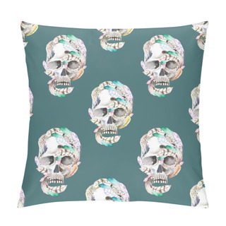 Personality  Masquerade Theme Seamless Pattern With Watercolor Skulls In Feathers Pillow Covers