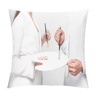 Personality  Close Up Of Artists In Total White With Drawing Equipment Isolated On White Pillow Covers