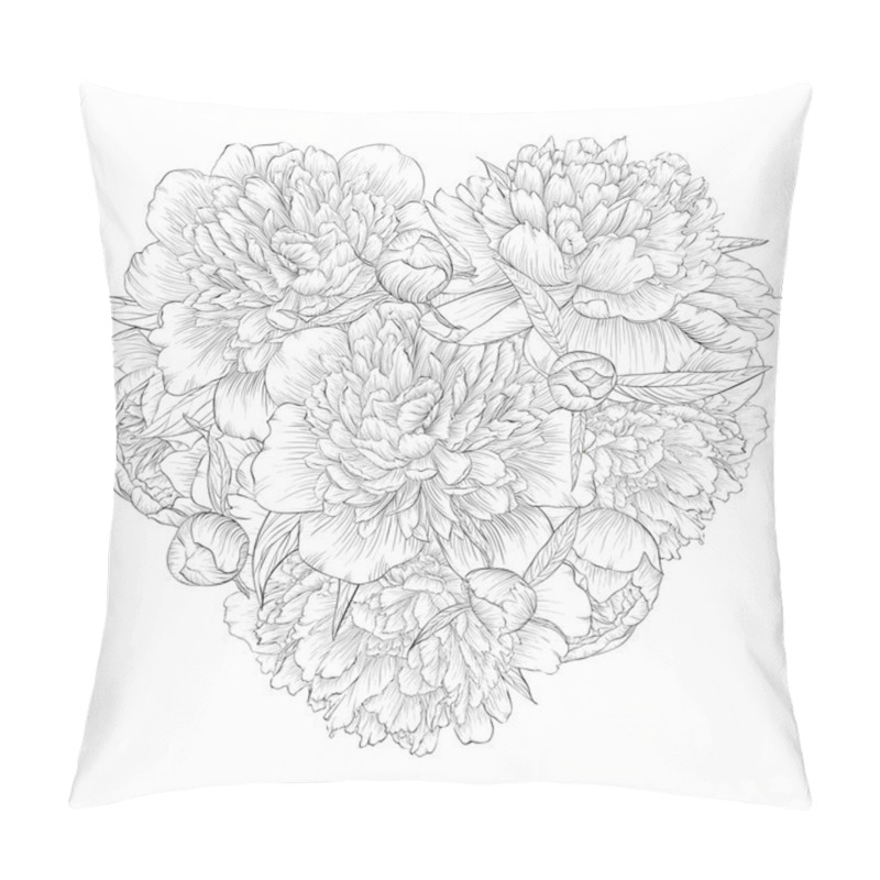 Personality  Beautiful monochrome black and white heart decorated by flowers peony. I love you. pillow covers