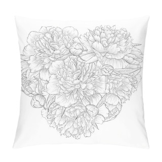Personality  Beautiful Monochrome Black And White Heart Decorated By Flowers Peony. I Love You. Pillow Covers