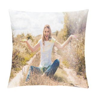 Personality  Attractive And Blonde Woman Smiling And Throwing Colorful Powder Pillow Covers