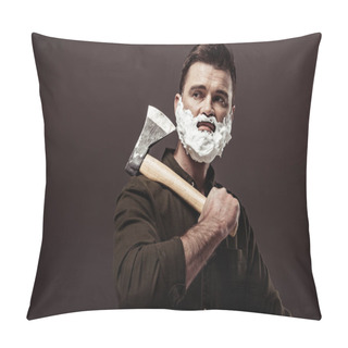 Personality  Handsome Bearded Man With Shaving Foam On Face Holding Ax Isolated On Brown Pillow Covers