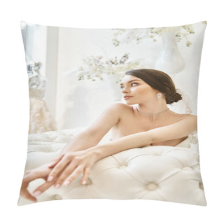 Personality  A Young Brunette Bride In Her Wedding Dress Sits Gracefully Atop A White Bed, Surrounded By An Aura Of Serenity And Beauty. Pillow Covers
