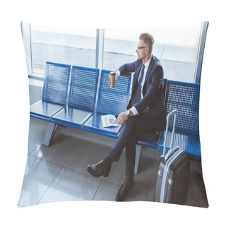 Personality  Businessman In Glasses Sitting With Newspaper And Coffee To Go In Airport Pillow Covers