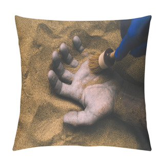 Personality  Forensic Expert Discovering Dead Body Buried In Desert Sand. Conceptual Image For Police Investigation Of An Cold Case Murder Crime Scene. Pillow Covers