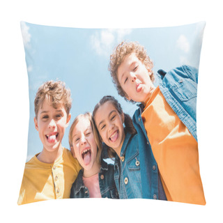 Personality  Low Angle View Of Four Kids Showing Tongues Under Sky Pillow Covers