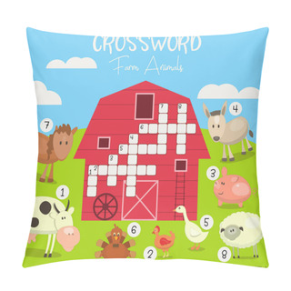 Personality  Kids Colorful Crossword In English. Magazine Book Puzzle Game With Cute Farm Animals. Vector Illustration Pillow Covers