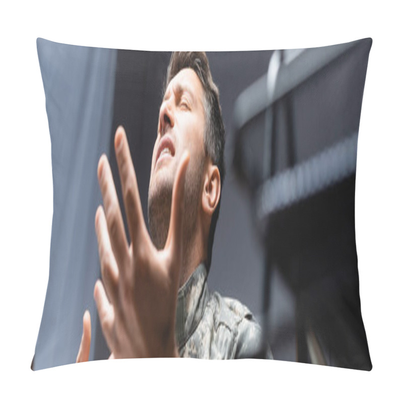 Personality  Military Man In Uniform Gesturing While Expressing Feelings, Banner Pillow Covers