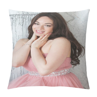 Personality  Portrait Of Fashionable Young Beauty Girl In Big Long Evening Pink Dress Pillow Covers