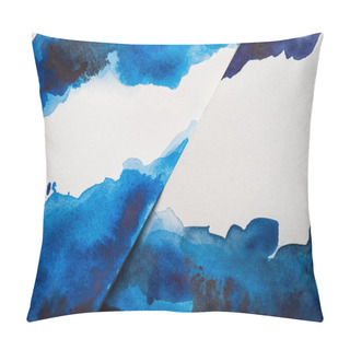 Personality  High Angle View Of Paper With Japanese Painting With Blue Watercolor Pillow Covers