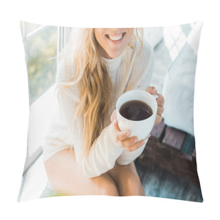 Personality  Cropped Image Of Smiling Woman In Sweater Holding Cup Of Coffee In Bedroom In Morning Pillow Covers