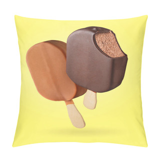 Personality  Two Chocolate Popsicles Ice Creams On The Yellow Background Pillow Covers