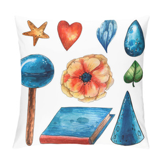 Personality  Cute Watercolor Childhood Set With Book, Flower, Lollipop, Cap, Star And Other Elements. Pillow Covers