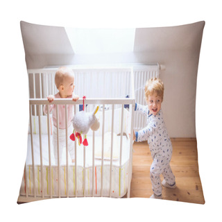 Personality  Two Toddler Children In Bedroom At Home. Pillow Covers